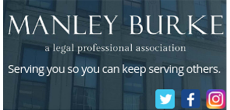 Manley Burke logo with statement and social icon